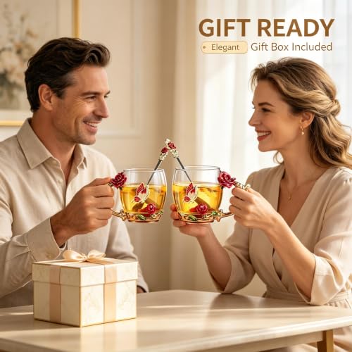 Tea Cup Gifts for Mom Women Mothers Day Glass Coffee Enamels Mug Birthday Butterfly Rose Valentines Day Christmas Tea Cup with Spoon