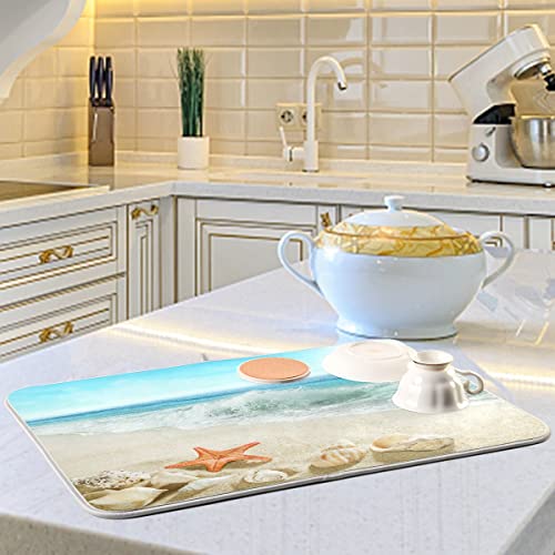 Summer Beach Dish Drying Mat 16 x 18 Inch Sea Wave Shells Starfish Drying Mat with High Absorbent Reversible Microfiber Kitchen Mat Dish Rack Pad Dish Drainer Mat Kitchen Counter Coffee Bar