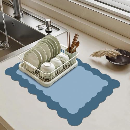 Blue Scalloped Coffee Mat for Countertop Coffee Bar Mat Matt