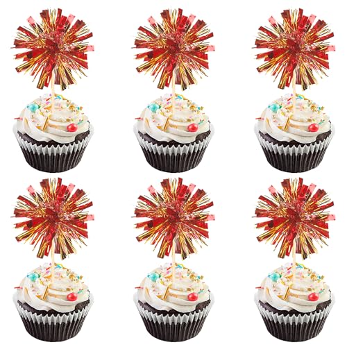 30 PCS Foil Firework Cupcake Toppers Sparkle Tinsel Cupcake Picks Happy Birthday Cake Decorations Drink Stirrers Cocktail Food Fruit Toothpicks for Baby Shower Graduation Party Supplies Red Gold (30 Count)