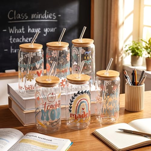 12 Sets End of Year Teacher Gifts Bulk Teacher Appreciate Glass Cups with Lids and Straws 16 oz Iced Coffee Cup Cute Thank You Gift for Daycare Preschool Kindergarten Back to School (12 Count)