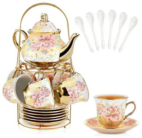 20 Pcs Porcelain Tea Set with Metal Holder (20 Count)