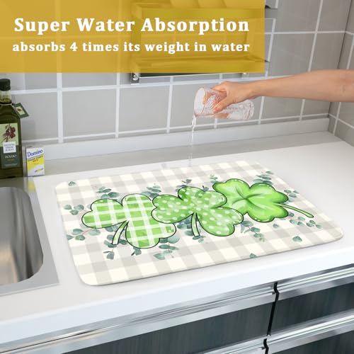 Patrick Dish Drying Mat for Kitchen Green Clovers Grey Buffalo Plaids Dish Drainer Mats 18x24inch Spring Leaf Dish Drying Rack Pad Protector for Countertop Dining Holiday Decor