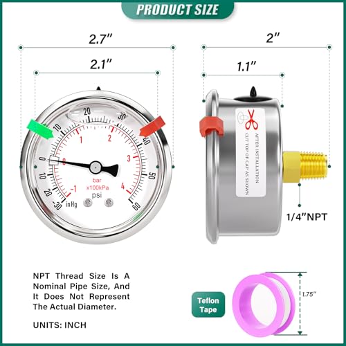 30inHG 0PSI Stainless Steel Glycerin Liquid Filled Vacuum Pressure Gauge 1