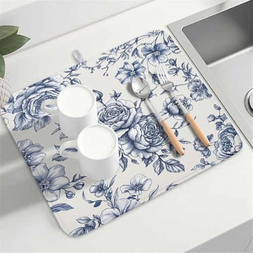 Vintage Floral Dish Drying Mat for Kitchen Counter Blue Floral Chinoiserie Pattern Dish Drying Pad 18x24 In Absorbent French Farmhouse Decor Dishes Drainer Pad Dish Dry Rack Mat for Counter Coffee Bar