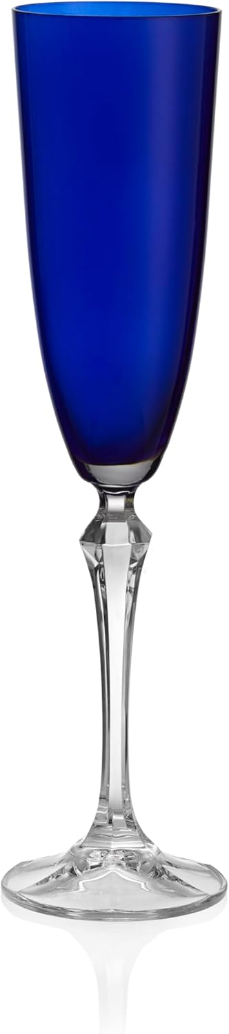 Barski Champagne Flute Glasses - Set of 4 - Blue Colored Cup with Clear Stem - Each Glass is 7 oz., for Prosecco, Sparkling Wine, Mimosas, Cocktails, Weddings Anniversaries - Made in Europe