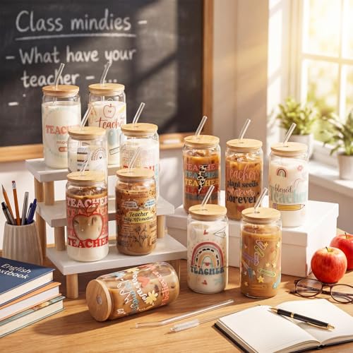 12 Sets Back to School Teacher Gifts Teacher Appreciation Glass Cups with Bamboo Lids and Straws 16oz Can Shaped Glass Tumbler for Women Cute Iced Coffee Glasses End of Year Gift Set (12 Count)