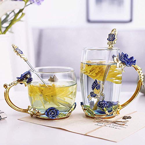 butterfly flower Glass Mug Tea Cup with Spoon Gifts For Women