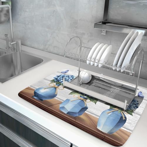 Blue Hydrangea Dish Drying Mat for Kitchen Vintage Wood Board Floral Butterfly Dish Drainer Mats 18x24inch Rustic Flowers Dish Drying Rack Pad Protector for Countertop Dining Decor