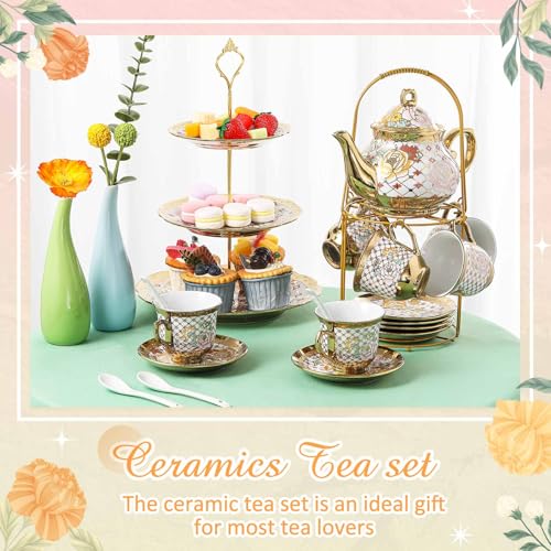 21 Pcs Porcelain Tea Set for Women Tea Party with Metal Holder and 3 Tier Cake Stand Ceramic European Floral Teapot Set for Adults Mother's Day Christmas Thoughtful Gift