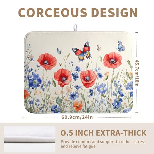 Patriotic Dish Drying Mats for Kitchen Counter 4th of July Kitchen Dishes Dryer Pad Red Blue Flowers Absorbent Dish Mat Microfiber Washable Foldable Reusable Large 18x24 in