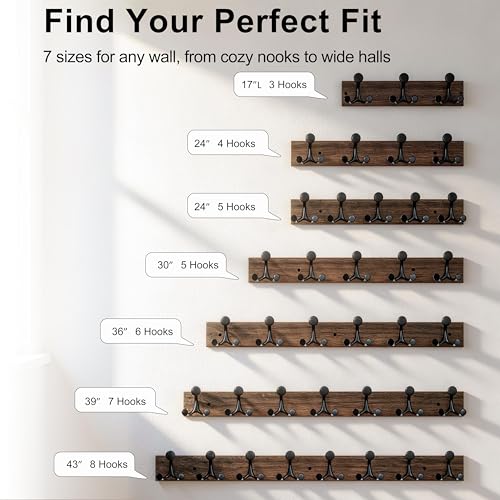 24 Inch Wood Burnt Coat Rack Wall Mount with 5 Triple Hooks (2 Count)
