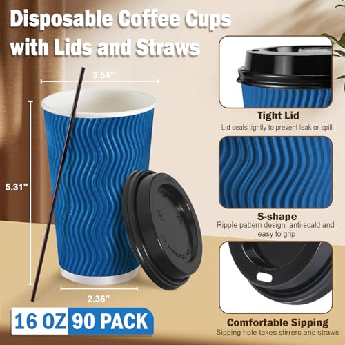90 Pack 16 oz Disposable Coffee Cups with Lids and Straws (90 Count)