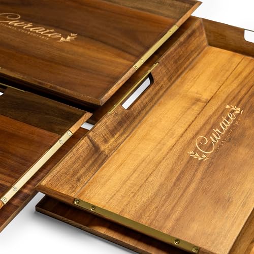 Curate Acacia Wood Serving Tray with Handles for Coffee Table