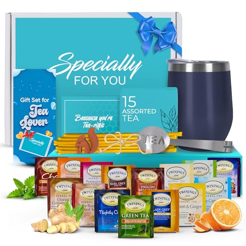 Tea Gift Sets for Tea Lovers Women and Men Tumbler 15 Unique Teas 10 Honey Straws (28 Count)