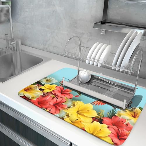 Hummingbirds Floral Dish Drying Mat for Kitchen Counter 18x24 In Hibiscus Tropical Drying Mat Farmhouse Fast Dry Absorbent Microfiber Dish Drainer Rack Pad Mat for Countertop Decor