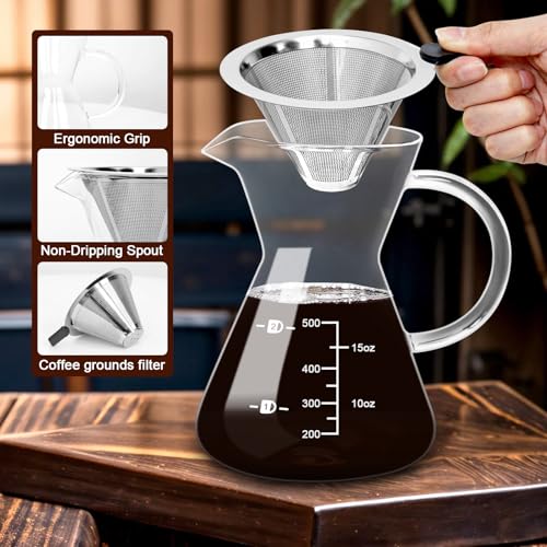17oz 500ML Glass Pour Over Coffee Maker & Stainless Filter