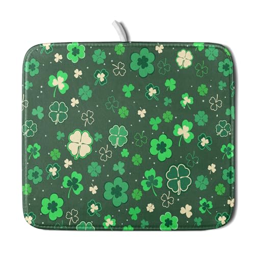 Happy St. Patrick's Day Dish Drying Mat for Kitchen Green Lucky Shamrock Clover Dish Drying Mat for Dishes Spring Irish Drying Mats 18x16 Inch Absorbent Reversible Dish Pad for Countertop Coffee Bar