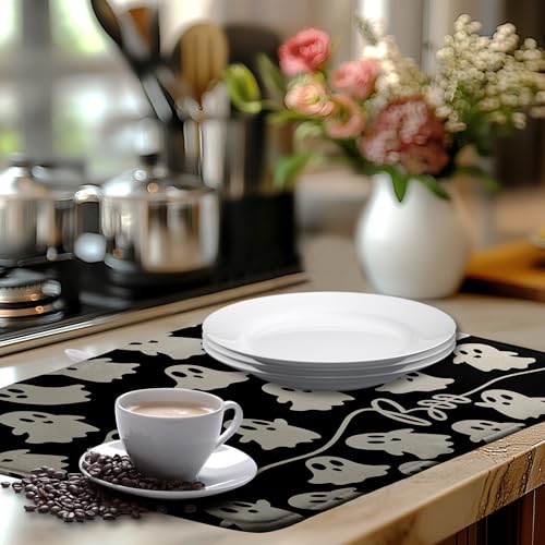 Halloween Ghosts Dish Drying Mat Black and White Large Kitchen Mats Dish Drying Pad Absorbent Dish Dryer Mat for Kitchen Countertops Microfiber Drainer Pad Dish Drying Mats