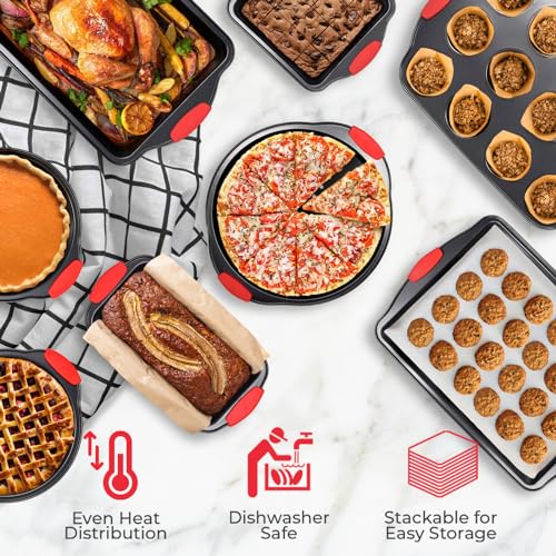 Non-Stick 8-Piece Baking Pan Set, BPA-Free Carbon Steel Bakeware Set with Silicone Handles, Stackable Kitchen Oven Set, Cookie Sheet, Baking Tray, Baking Sheet Set, Oven Safe (446°F) (8 Count)