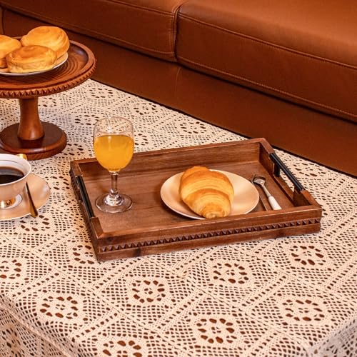 Rustic Wood Serving Tray with Handle Brown Rectangular Decorative Trays Farmhouse Charcuterie Boards Platter for Food (2 Count)
