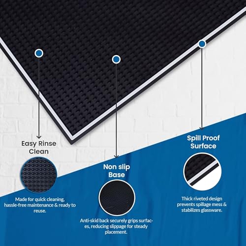 Premium Rubber Bar Mats for Countertop 18" x 12" White Edge Black Bar Mats for Bartending