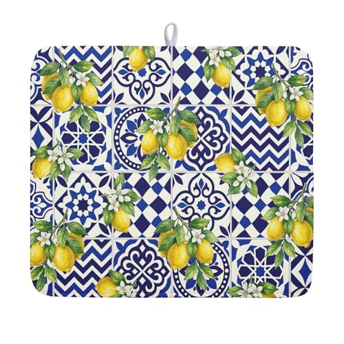 Lemon and Blue Tile Dish Drying Mat 16x18 Inch Absorbent Reversible Mexican Tilt Drying Mat Blue White Italy Lemons Dish Drying Rack Mat Summer Themed Dish Drainer Mat for Kitchen Counter Coffee Bar
