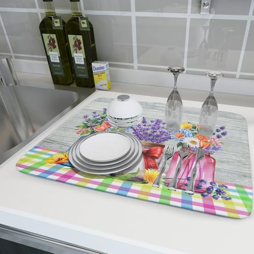 Spring Summer Flowers Dish Drying Mat for Kitchen Counter 18"x24" Spring Floral Jars Drying Mat Soft Absorbent Microfiber Farmhouse Colorful Floral Dish Drainer Rack Mats for Counter tops