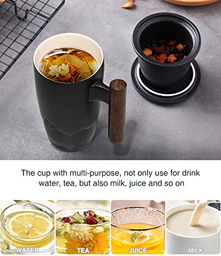 Tomotime Ceramic Tea Cup with Infuser and Lid Tea Mugs Wooden Handle 400ml