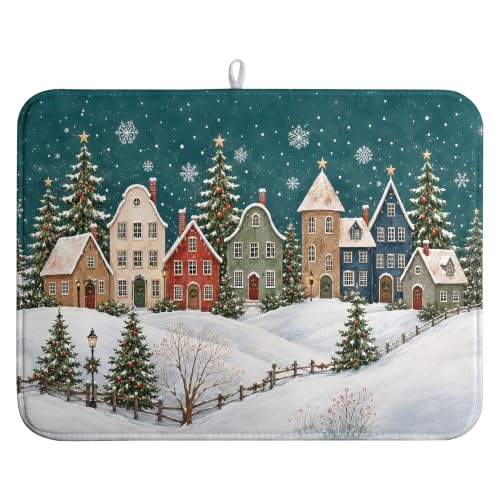 Winter Christmas Dish Drying Mats Xmas Forest House Dish Mat Snowflake Drying Matt Dishes Dryer Pad for Kitchen Counter Absorbent Microfiber Washable Foldable Reusable 18x24 in