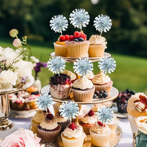 30Pcs Foil Firework Cupcake Toppers Happy Birthday Cake Toppers Tinsel Flower Drink Stirrers Cocktail Food Fruit Toothpicks for Valentine's Day Party Decorations Silver (30 Count)