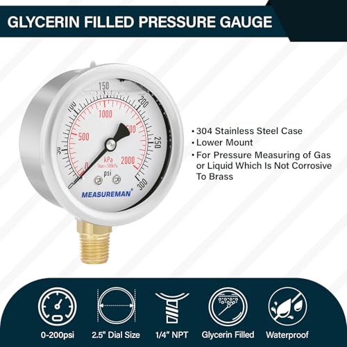 2-1/2inch Dial Size, Glycerin Filled Pressure Gauge, 0-300psi/kpa, 304 Stainless Steel Case, 1/4 inchNPT Lower Mount