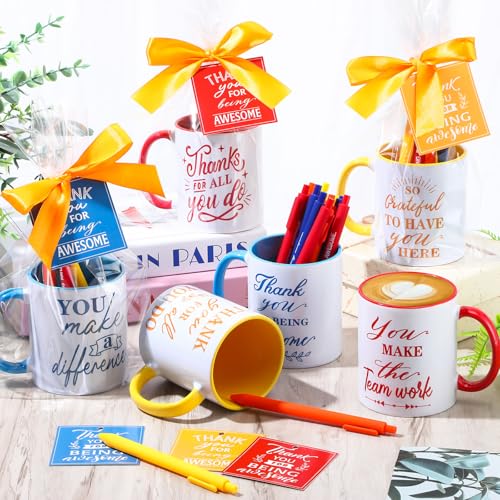 6 Set Employee Appreciation Gifts Include Thank You Staff Mug Gift Set 12 oz Appreciation Mugs Inspirational Pens Tags for Employee Staff Team Group (6 Count)