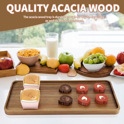 2 pcs15.7" x 7" Large Solid Acacia Wood Serving Tray Rectangular Wooden Serving Platter Natural Wooden Board for Bar Coffee Party