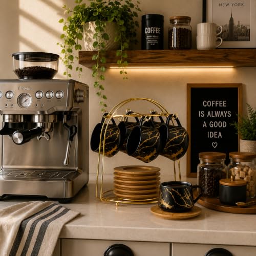 Ceramic Espresso Cups with Saucers and Metal Stand (7.6 Count)