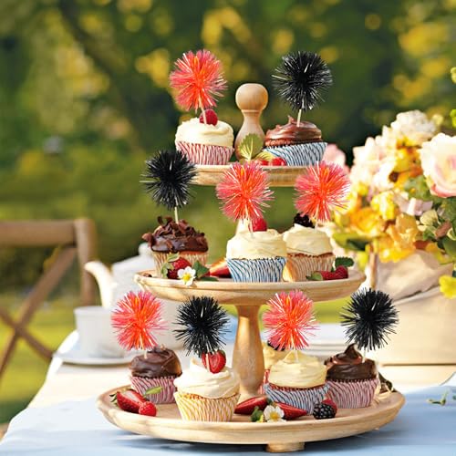 30Pcs Foil Firework Cupcake Toppers Sparkle Tinsel Cake Toppers Tinsel Drink Cake Decoration Cocktail Picks for Birthday Wedding Graduation Party Supplies Black Orange (30 Count)