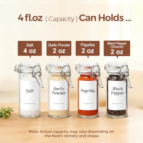 Small Glass Spice Jars with Airtight Lids 4oz 6 Pack with Labels (6 Count)
