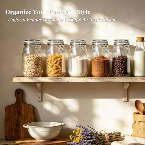 Ribbed Glass Jars with Airtight Lids 51oz 3 Pack Wide Mouth Bulk (3 Count)