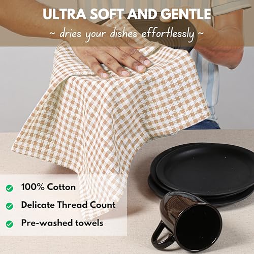 Beige Gingham Kitchen Dish Towels 4 Pack 16"x26"
