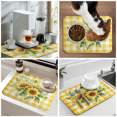 Sunflower Dish Drying Mat 18x24 Inch Absorbent Reversible Summer Sunflower Drying Mat Summer Plaid Dish Drying Rack Mat Yellow Summer Themed Dish Drainer Mat for Kitchen Counter Coffee Bar