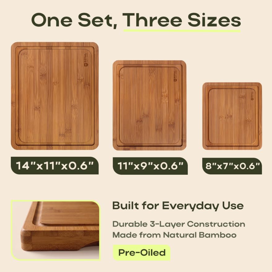 Wooden Cutting Boards for Kitchen Meal Prep & Serving (3 Count)