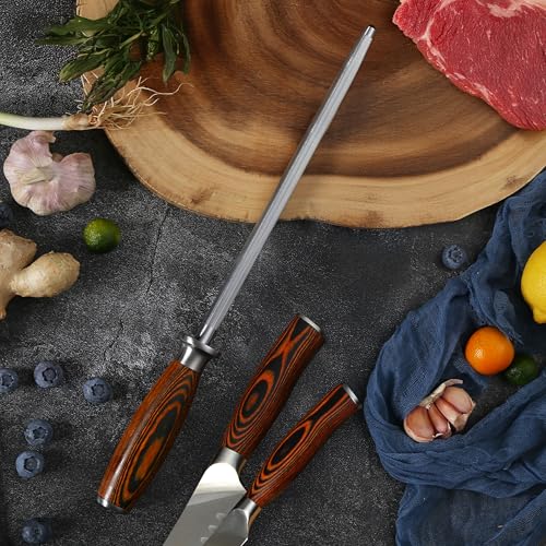 Honing Steel 10 Inch Knife Sharpener Rod with Pakkawood Handle for Kitchen Knives Daily Sharpening Maintenance