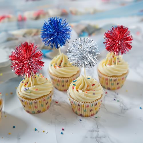 30Pcs Foil Firework Cupcake Toppers Sparkle Tinsel Cake Toppers Tinsel Drink Cake Decoration Cocktail Picks for Birthday Wedding Graduation Party Supplies Silver Dark Blue Red (30 Count)