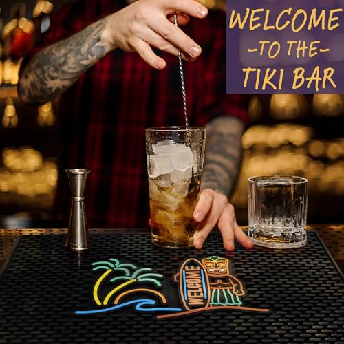 Tiki Bar Mats for Countertop 18 x 12 Tiki Bar Decor Mat Unique Tiki Man Warrior Design with Surfboard Welcome Greeting Tiki Decor