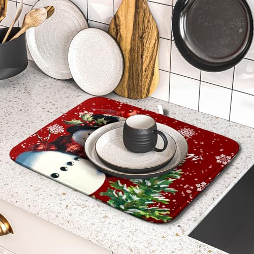 Winter Snowflake Red Dish Drying Mat for Kitchen Counter