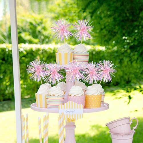 30 PCS Foil Firework Cupcake Toppers Happy Birthday Cupcake Toppers Sparkle Tinsel Flower Drink Stirrers Cocktail Fruit Toothpicks for Valentine's Day Baby Shower Party Cake Decor Supplies Pink (30 Count)