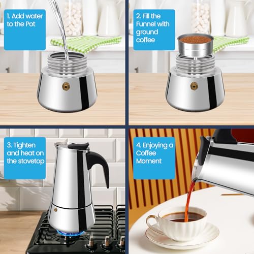 6 Cup Moka Pot Stainless Steel 300ml Italian Espresso
