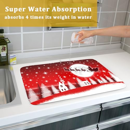 Christmas Reindeer Moon Star Red Dish Drying Mat for Kitchen Counter