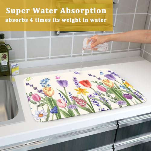 Spring Summer Floral Dish Drying Mat for Kitchen Counter 18x24 Inch Spring Flowers Dish Drainer Rack Mats Absorbent Kitchen Drying Mat Botanical Floral Drainer Rack Mats for Kitchen Countertop Decor
