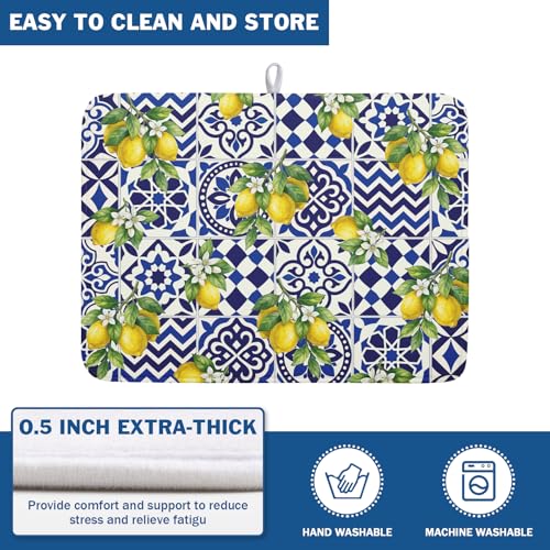 Lemon and Blue Tile Dish Drying Mat 18x24 Inch Absorbent Reversible Mexican Tilt Drying Mat Blue White Italy Lemons Dish Drying Rack Mat Summer Themed Dish Drainer Mat for Kitchen Counter Coffee Bar
